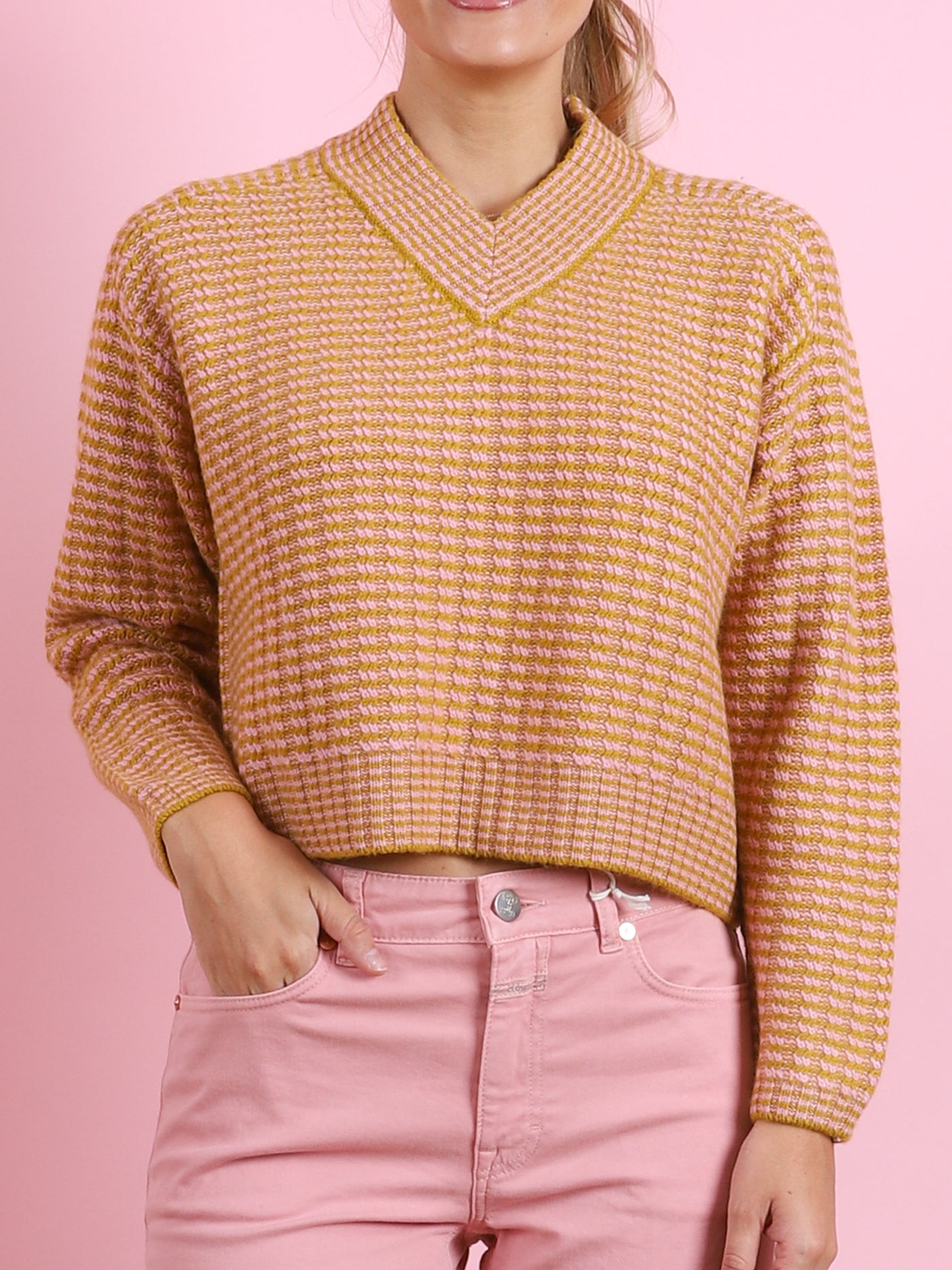 Cropped Rickrack V-Neck Sweater
