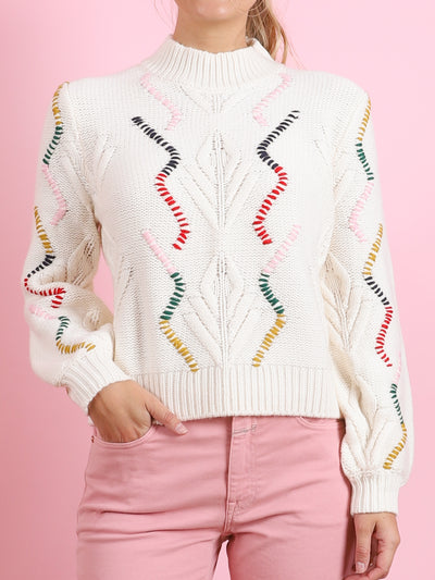 Overstitch Cable Turtleneck Sweater