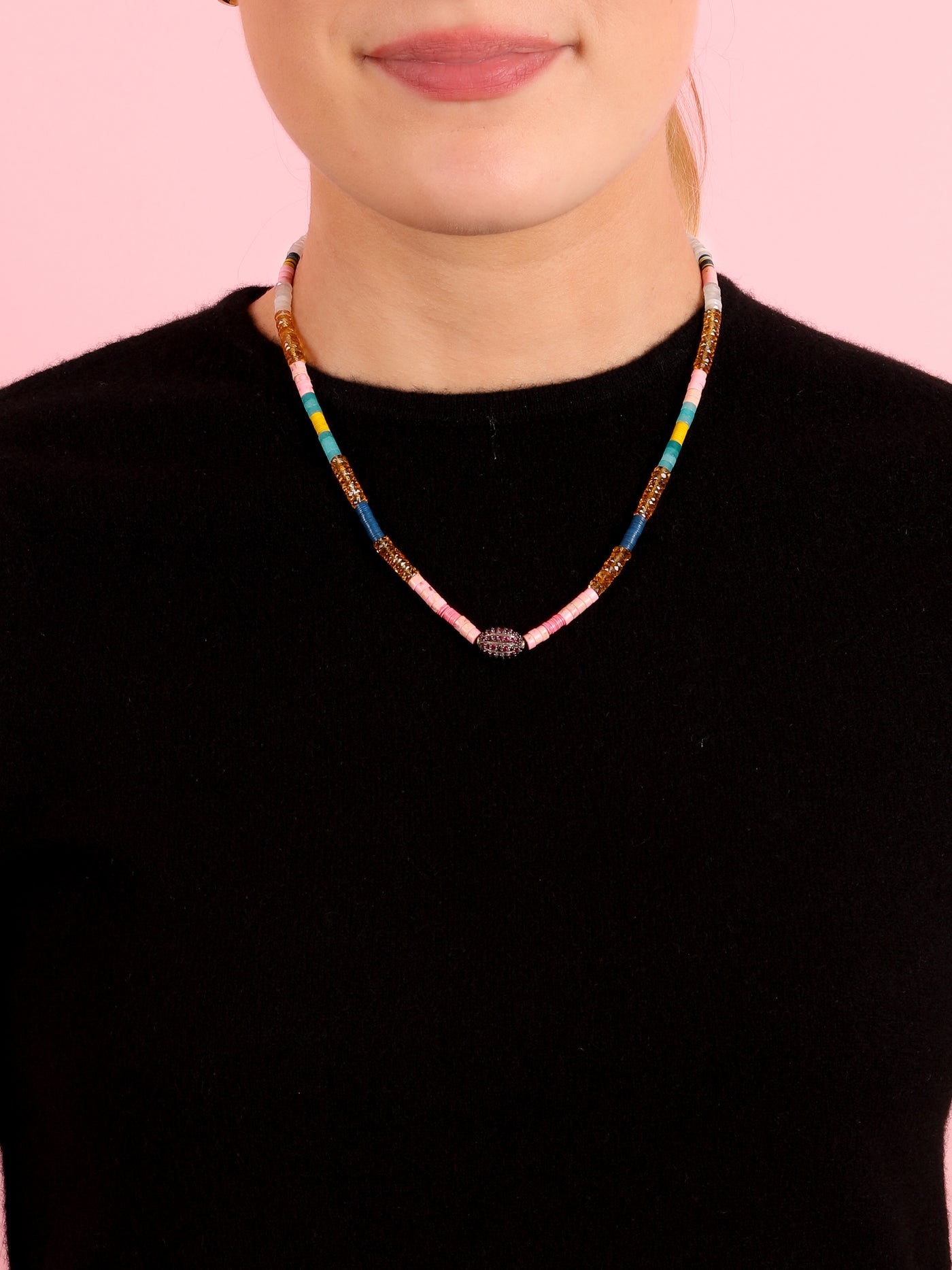 Pink Sapphire, Citron, Pink Opal & African Vinyl Beaded Necklace