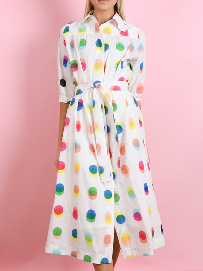 POLKA DOT PRINTED COTTON FRONT BUTTONED SHIRT DRESS