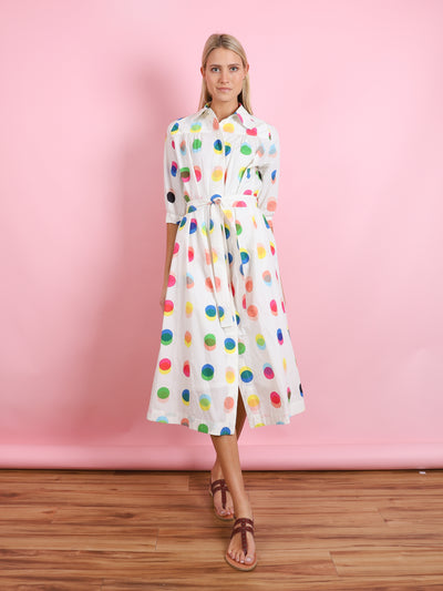 POLKA DOT PRINTED COTTON FRONT BUTTONED SHIRT DRESS