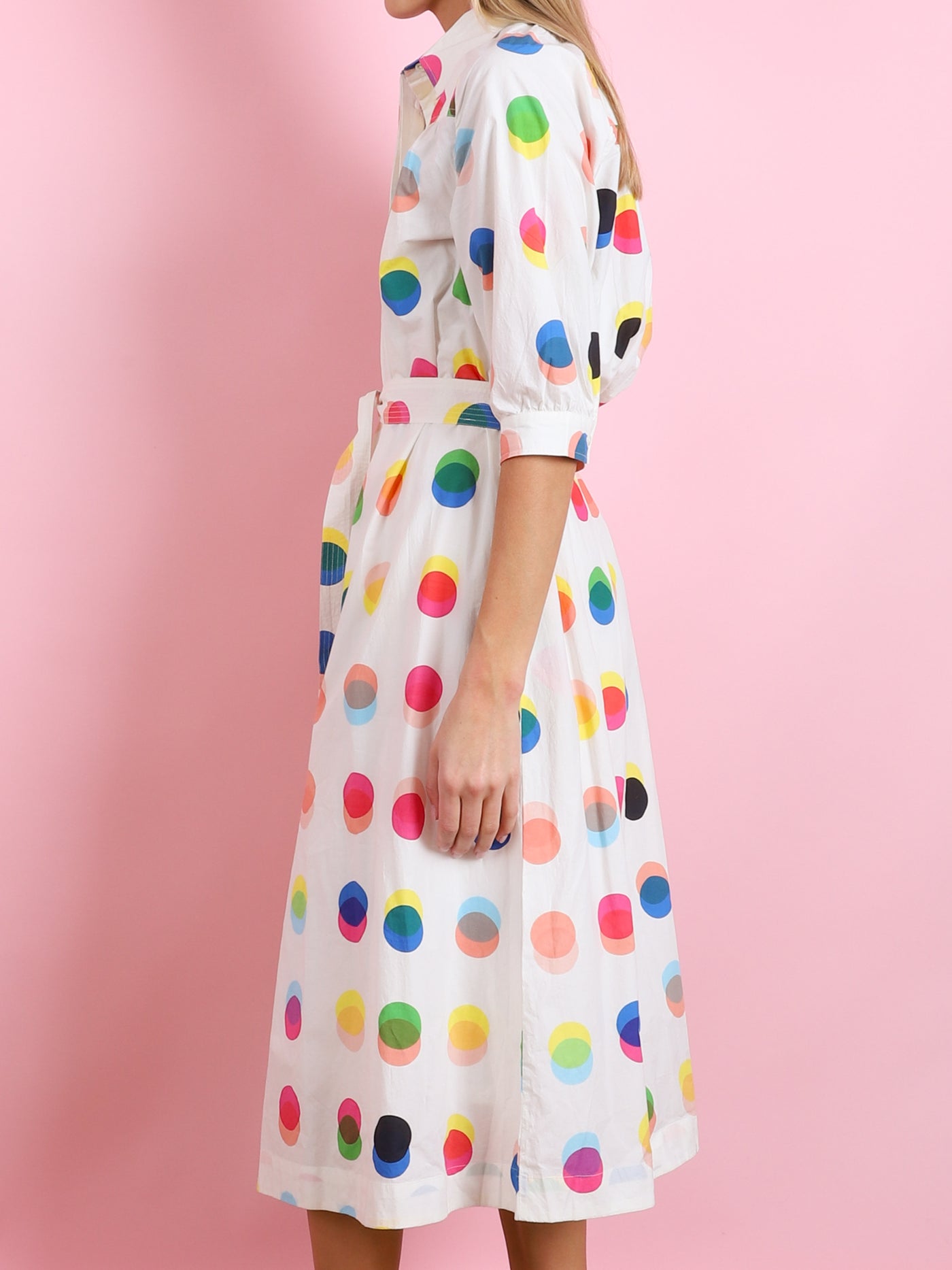 POLKA DOT PRINTED COTTON FRONT BUTTONED SHIRT DRESS