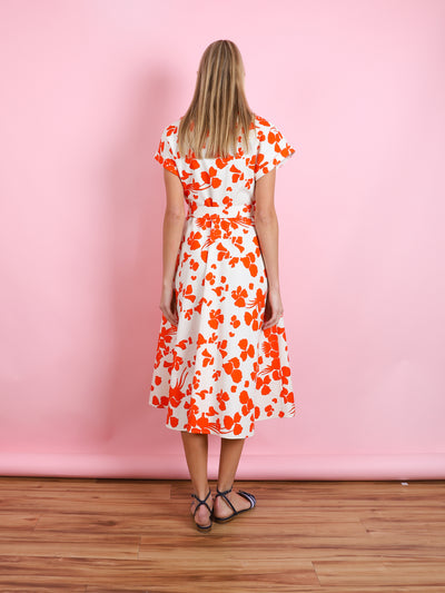 ORANGE PRINTED FLUTTER SLEEVE DRESS