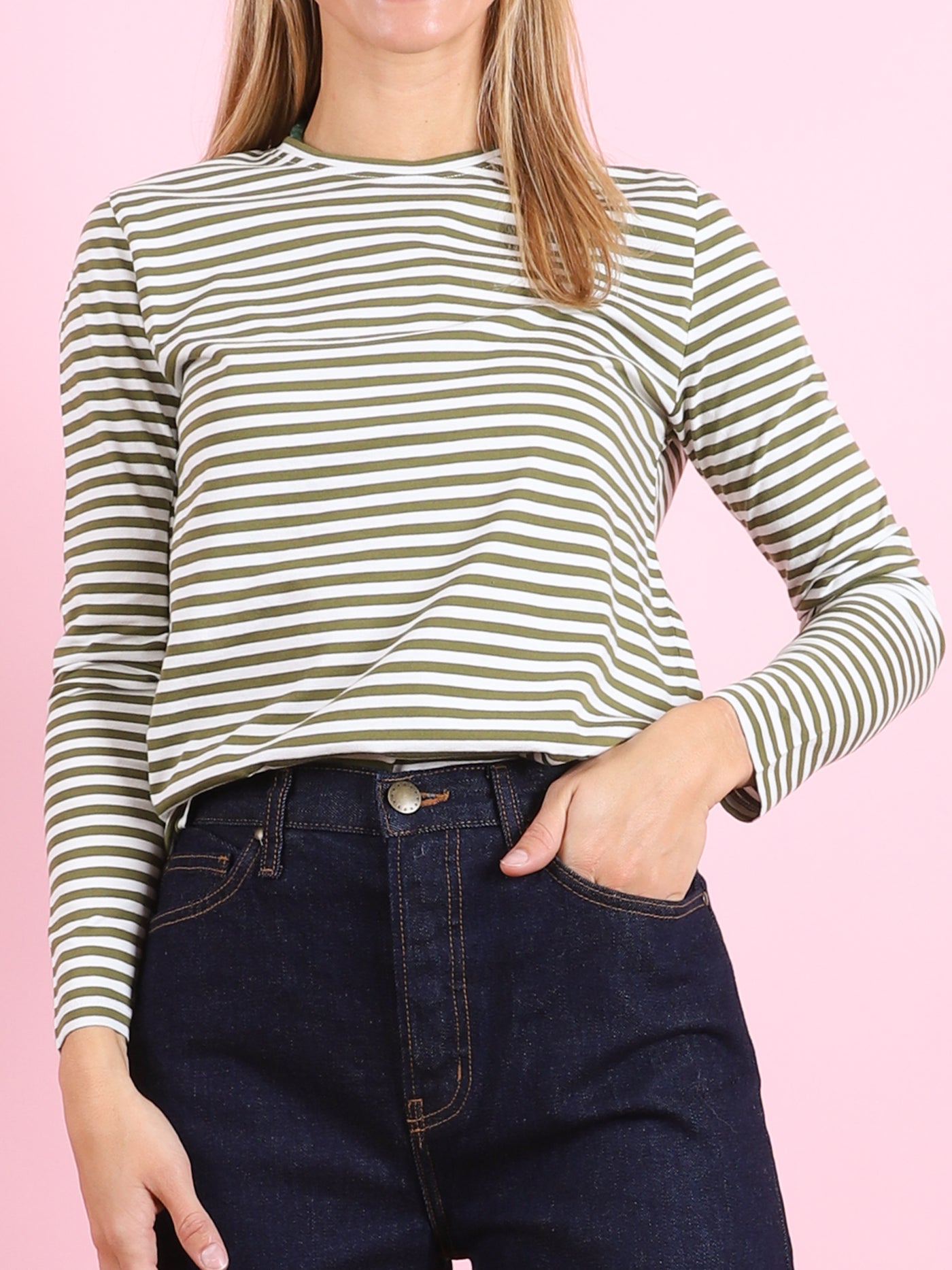 The Modern Stripe Long Sleeve Tee in Olive