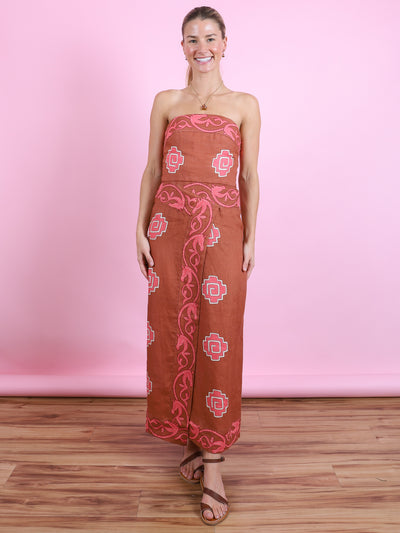 Linen Printed Dress in Paprika & Pink