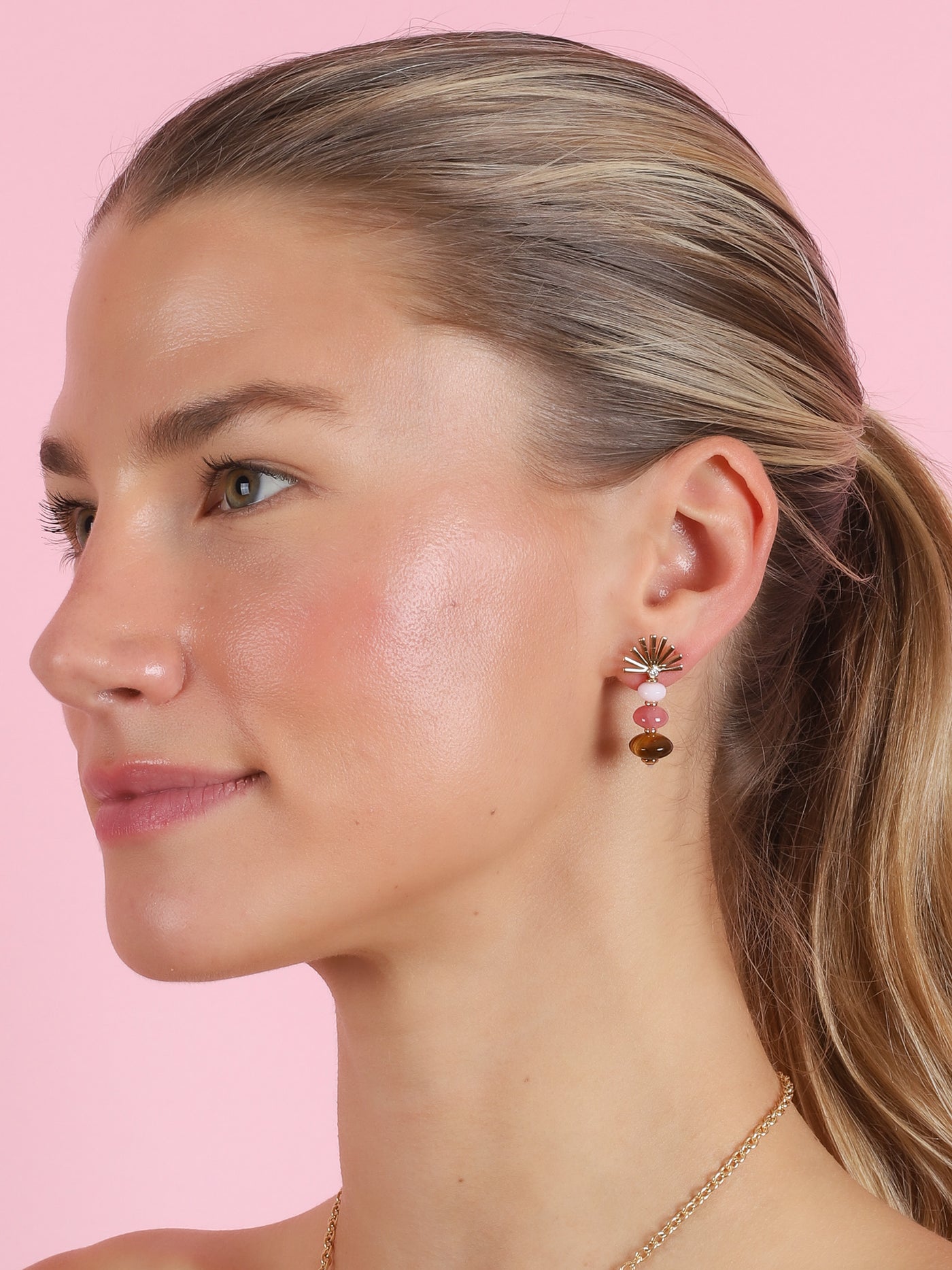 Pink Opal, Rhodochrosite, and Tiger's Eye Mini Root Earrings