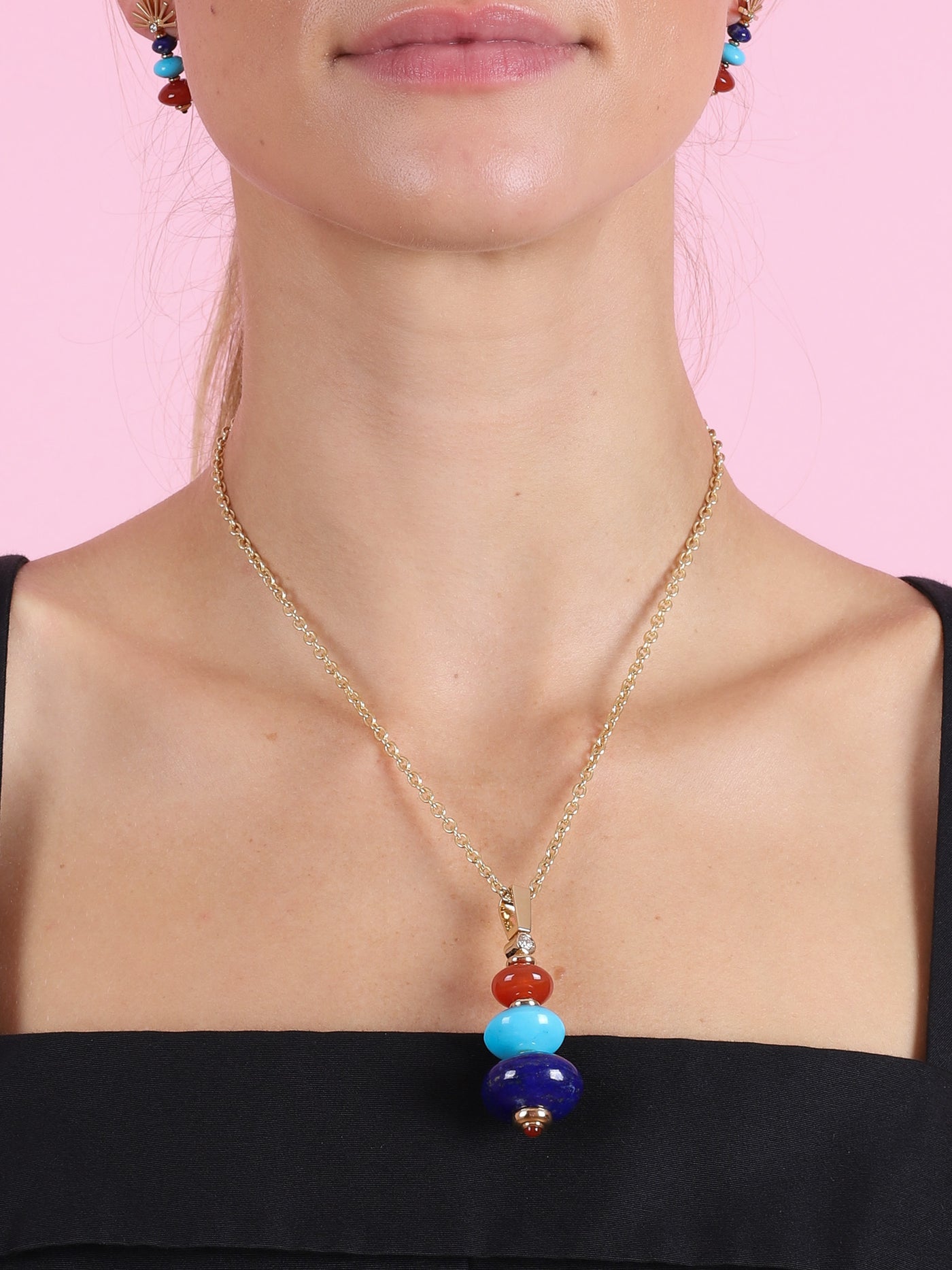 Lapis, Turquoise and Carnelian Root Pendant Necklace