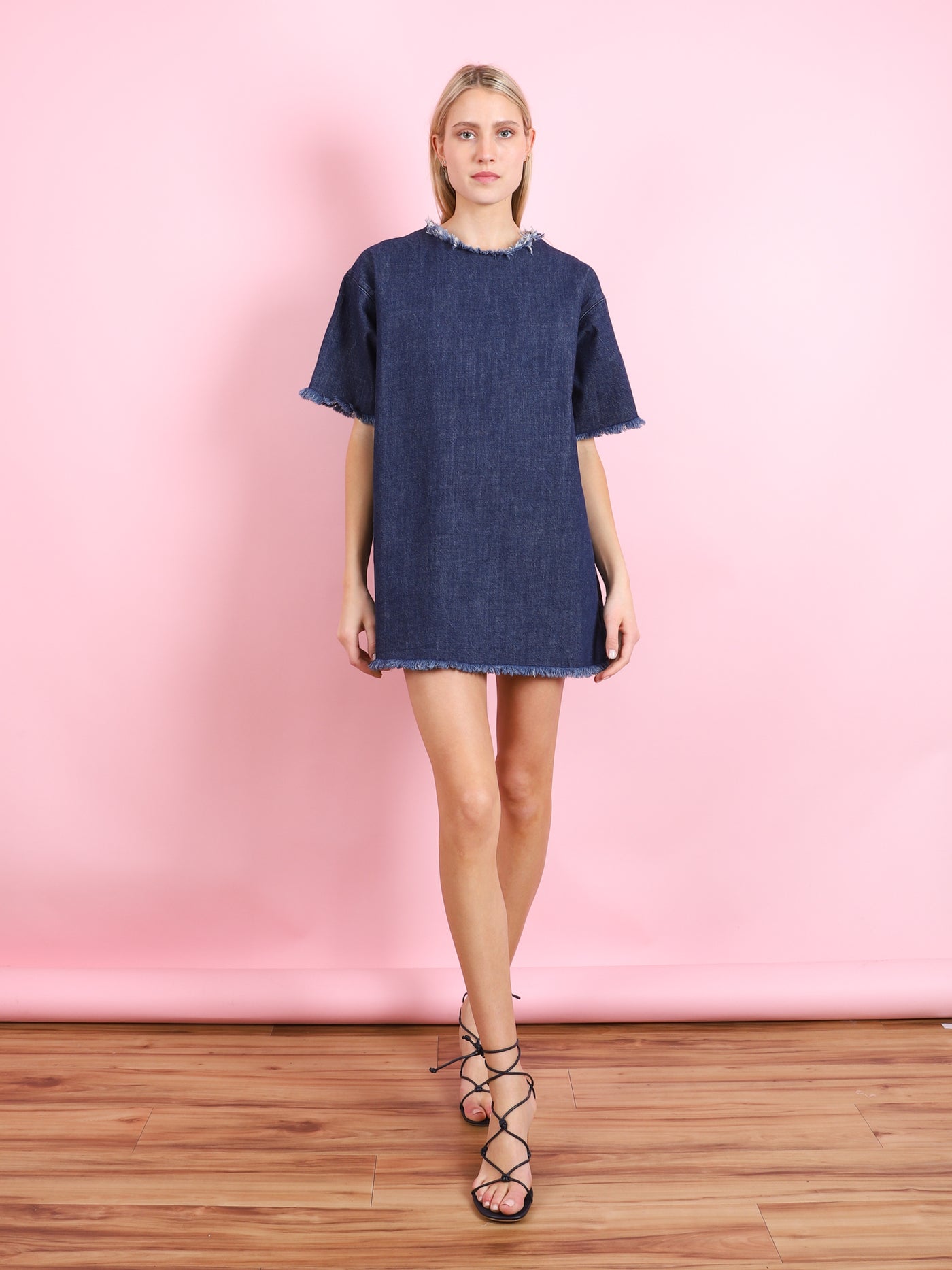 FRINGED OVERSIZE T-SHIRT DENIM DRESS