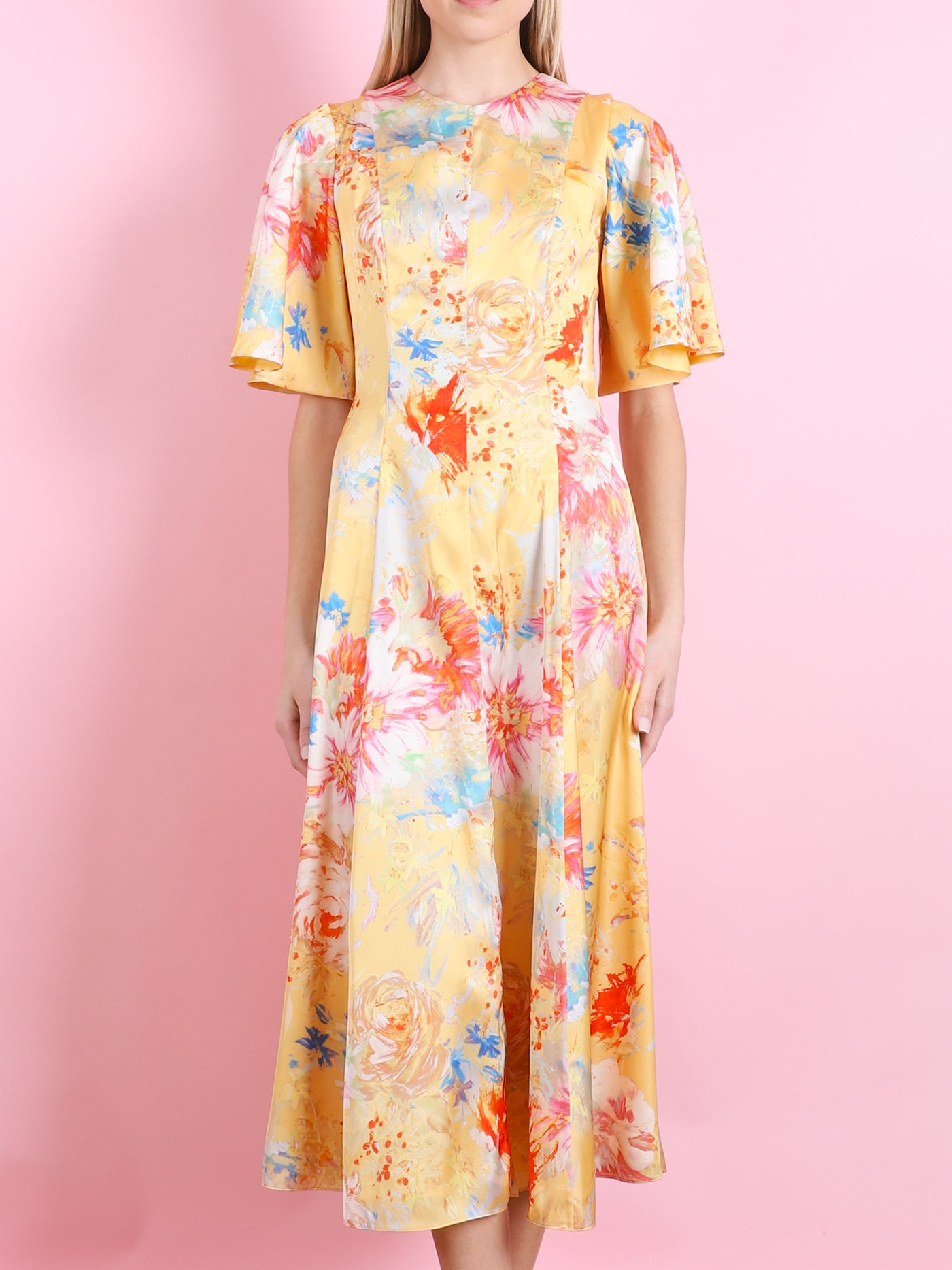 SARAH YELLOW PEONY SATIN MIDI DRESS