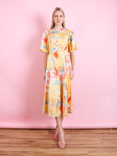 SARAH YELLOW PEONY SATIN MIDI DRESS