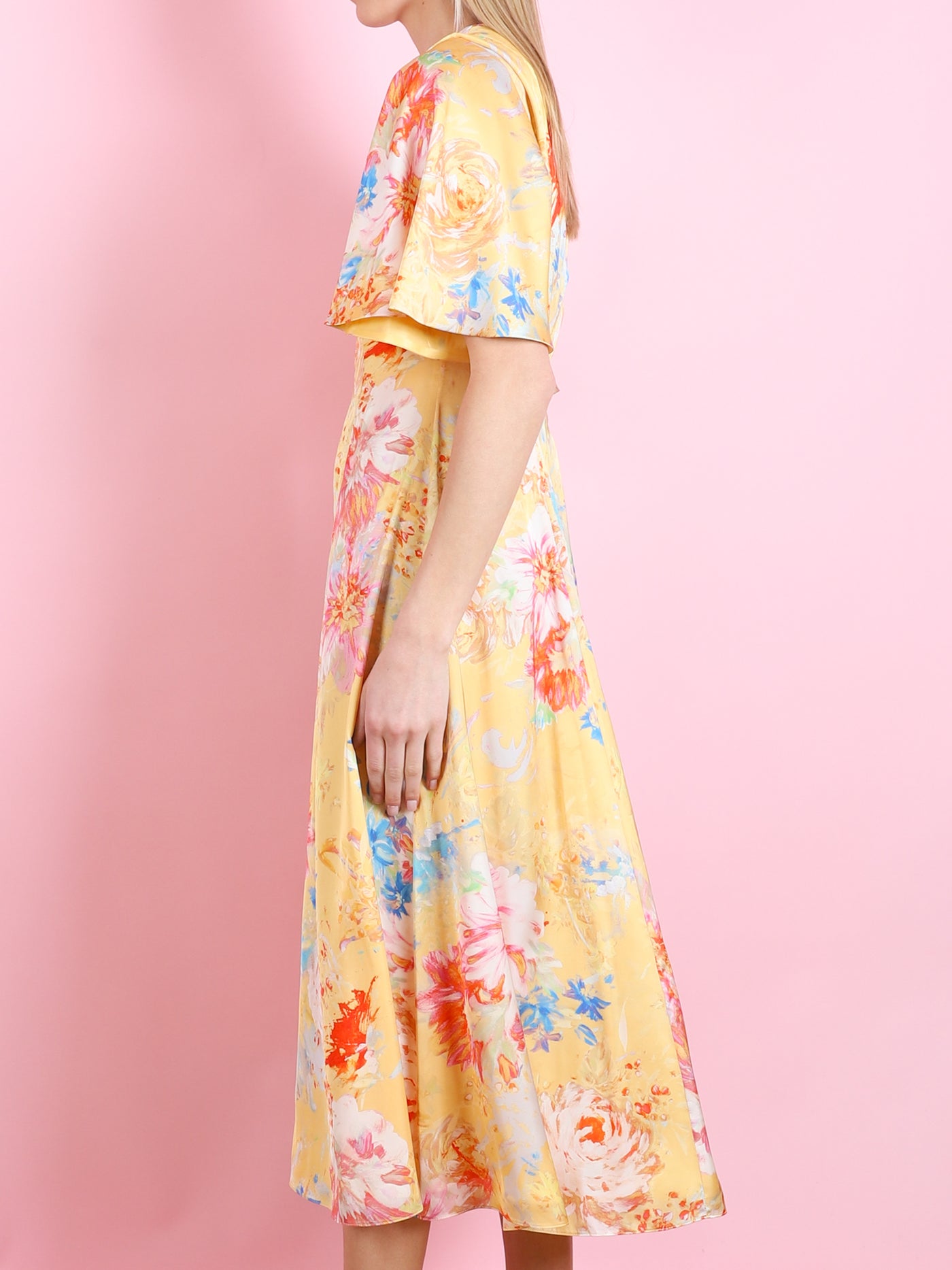 SARAH YELLOW PEONY SATIN MIDI DRESS