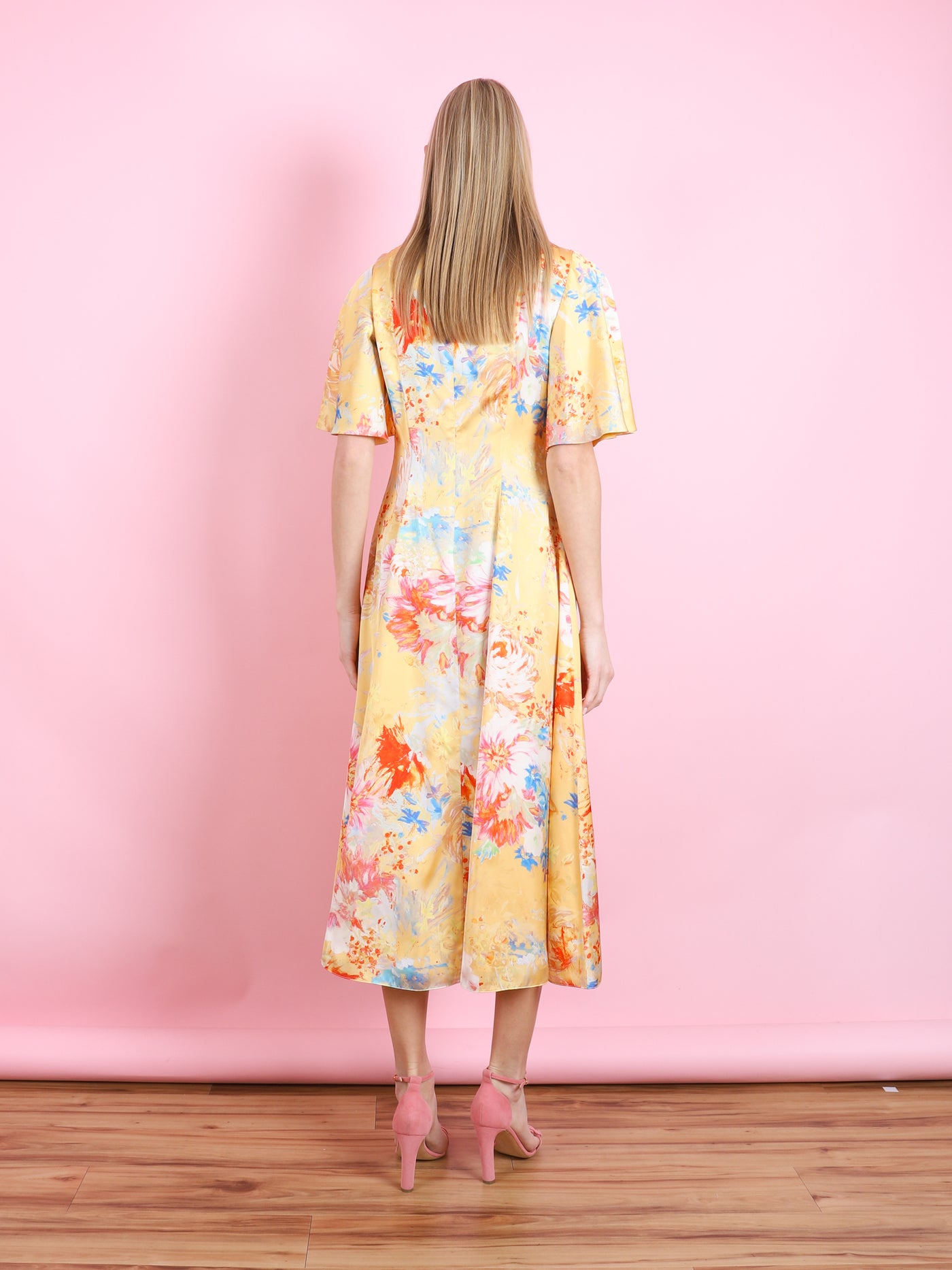 SARAH YELLOW PEONY SATIN MIDI DRESS