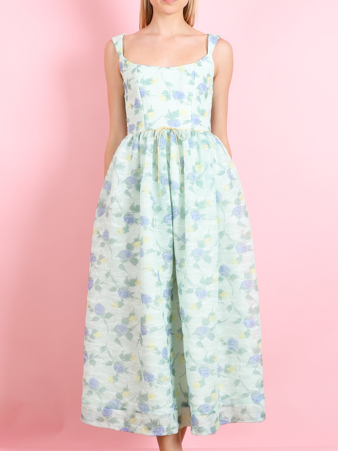 APPLE BLUE AND GREEN FLORAL ORGANZA MIDI DRESS