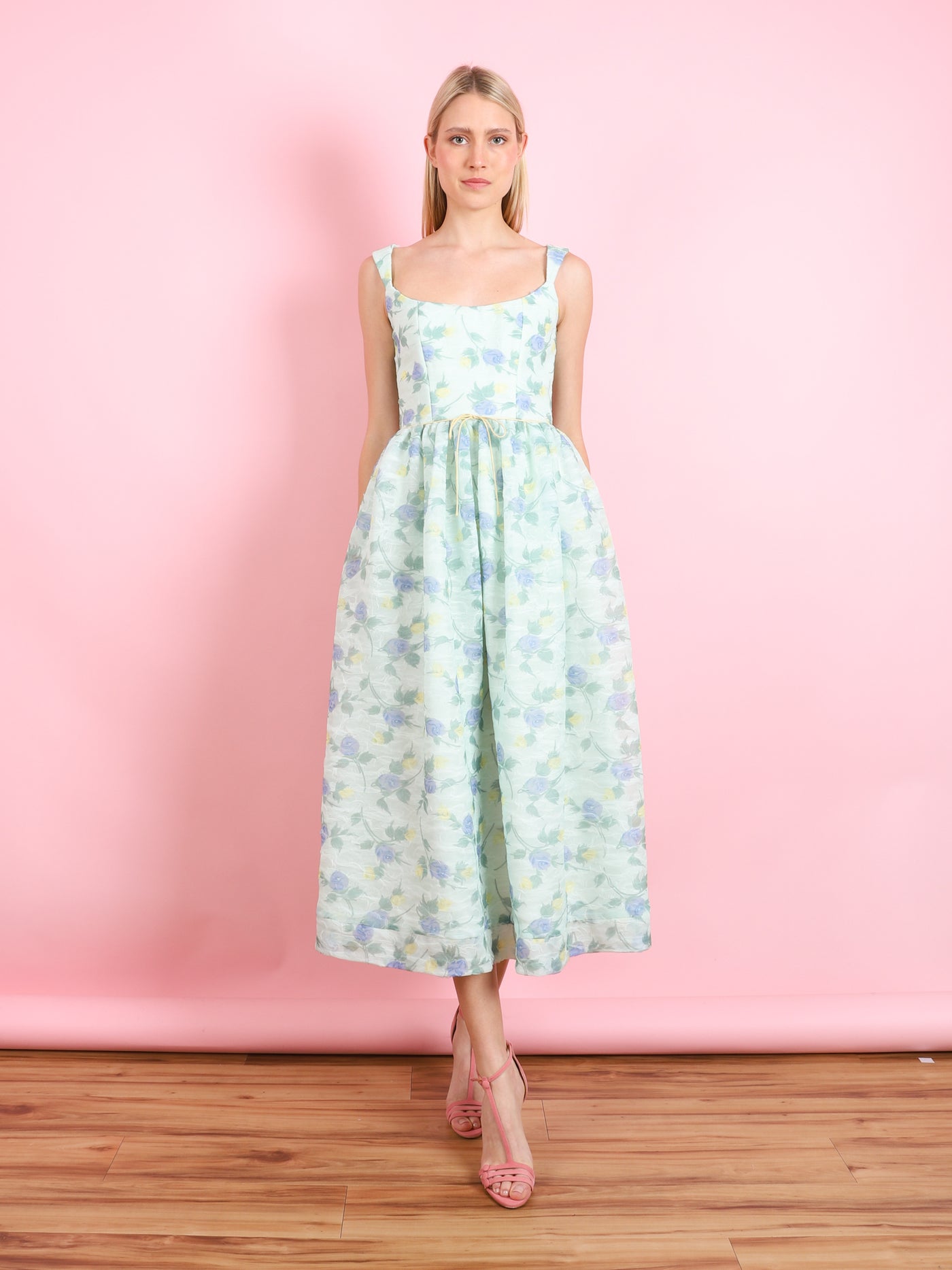 APPLE BLUE AND GREEN FLORAL ORGANZA MIDI DRESS