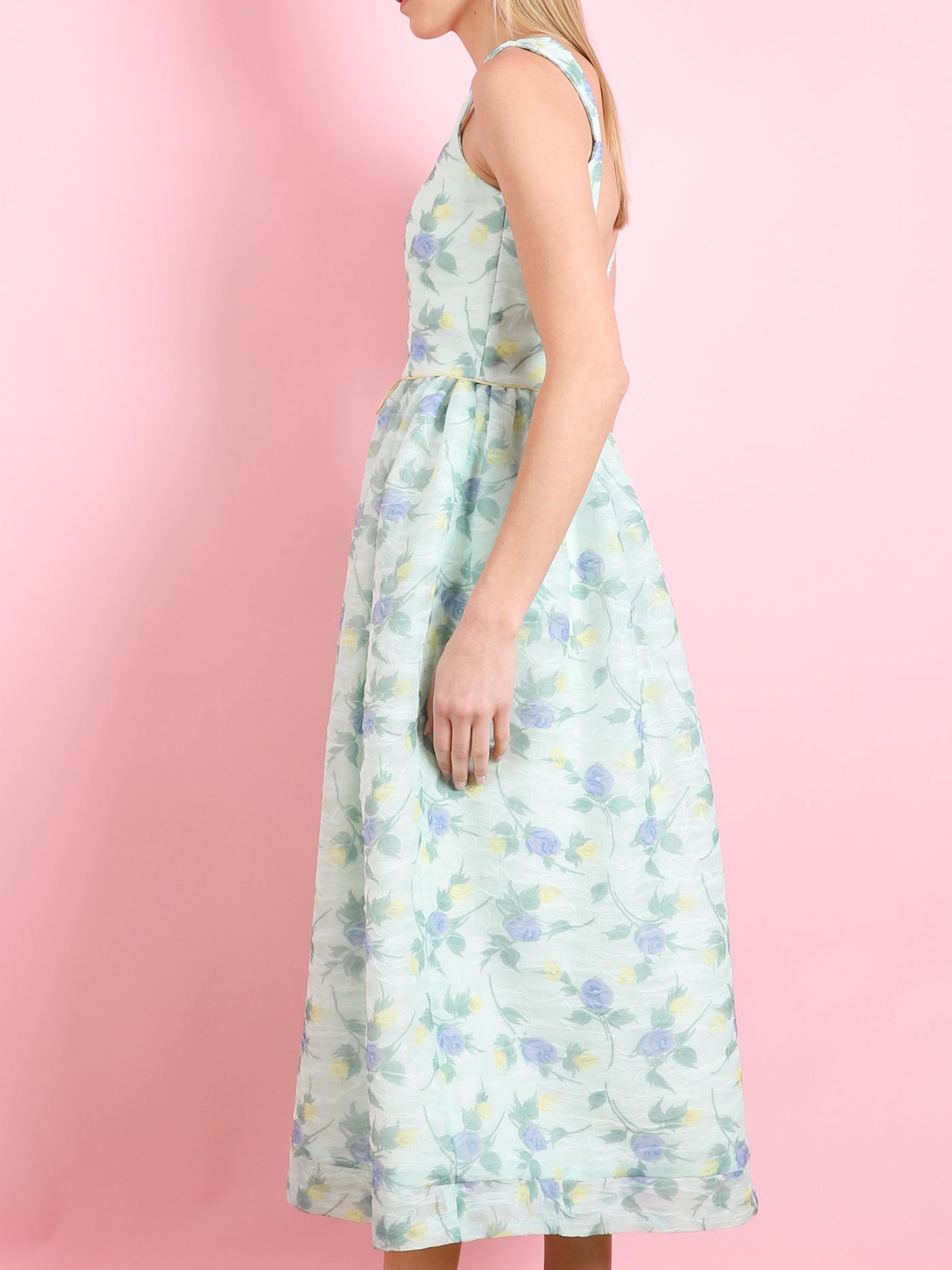 APPLE BLUE AND GREEN FLORAL ORGANZA MIDI DRESS