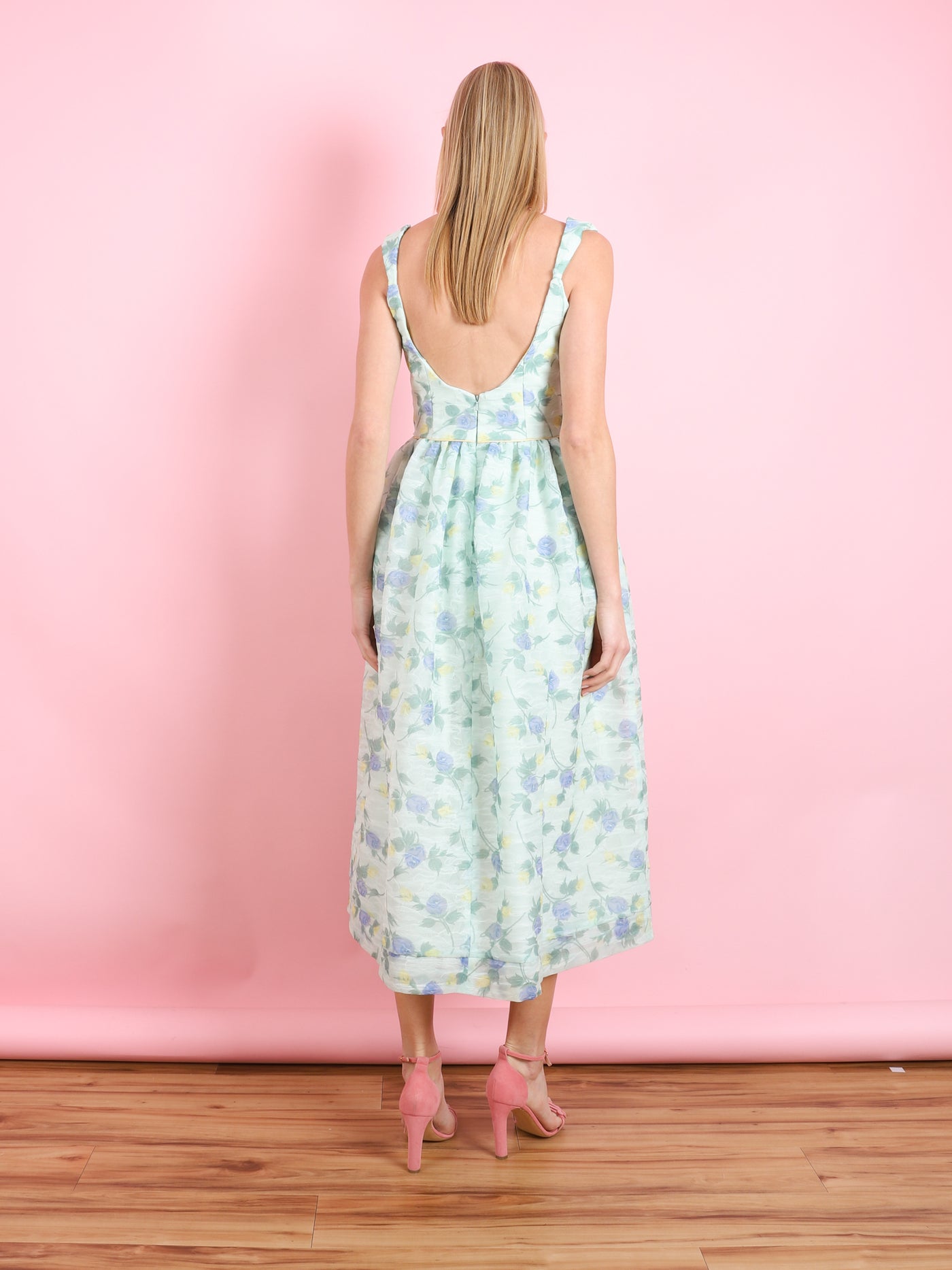 APPLE BLUE AND GREEN FLORAL ORGANZA MIDI DRESS