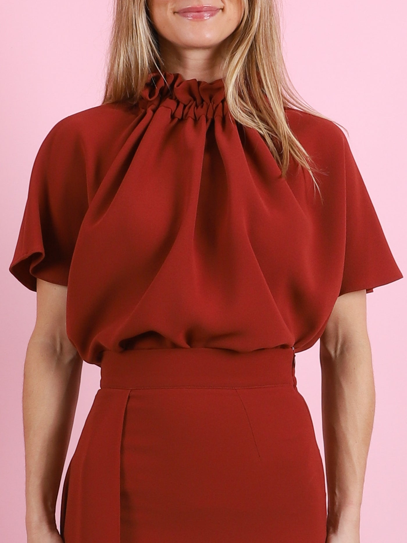 Short Ruffle Blouse in Carmine
