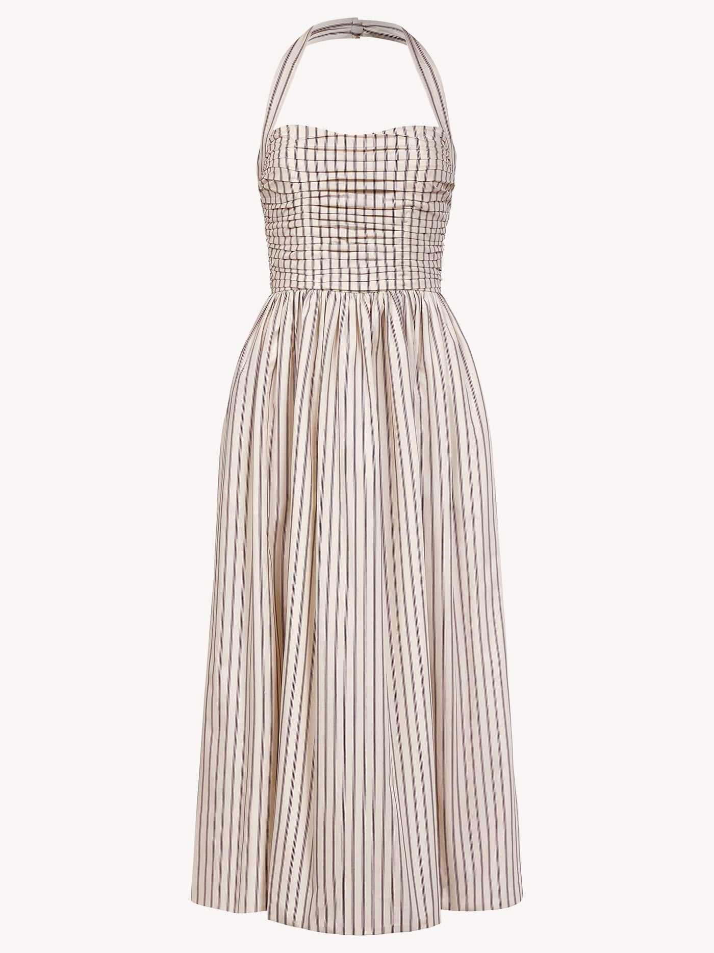 LEIA BURGUNDY STRIPED RUCHED HALTER DRESS