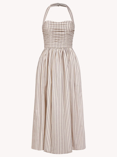 LEIA BURGUNDY STRIPED RUCHED HALTER DRESS